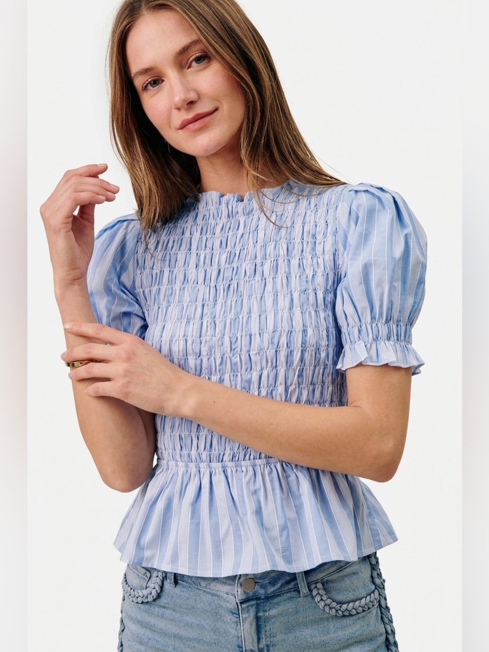 SO ME Stripe Smocked Bodice Puff Sleeves Blouse Top